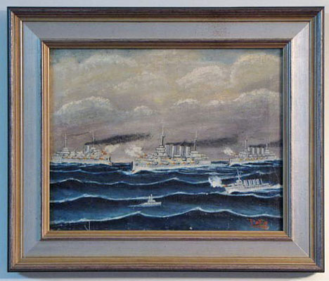 Oil on canvas painting showing Roosevelt's Great White Fleet